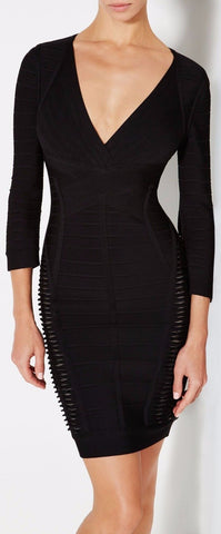 Black Long-Sleeve V-Neck Bandage Dress