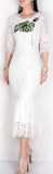 Banana-Leaf Embroidered Butterfly-Applique Lace Midi Dress-White - DESIGNER INSPIRED FASHIONS