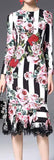 Floral & Stripe Brocade Lace-Trim Long-Sleeve Midi Dress