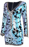 Light Blue Sequin-Embellished Long-Sleeve Mini Dress