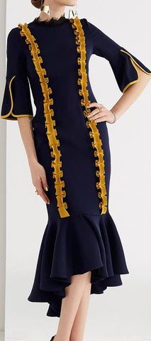 Ruffle Contrast Fluted Hem Midi Dress