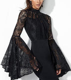 Black Flared-Lace-Sleeve Stretch Dress