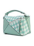 Gingham-Paneled Puzzle Leather Shoulder Bag - Pink, Green, Blue