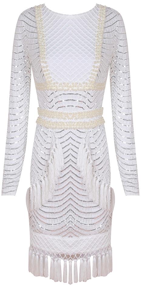 Embellished Tassel Macrame Overlay Dress, White