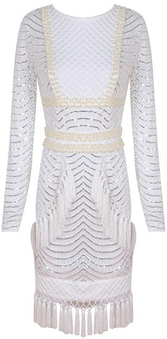 Embellished Tassel Macrame Overlay Dress, White