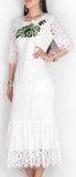 Banana-Leaf Embroidered Butterfly-Applique Lace Midi Dress-White - DESIGNER INSPIRED FASHIONS