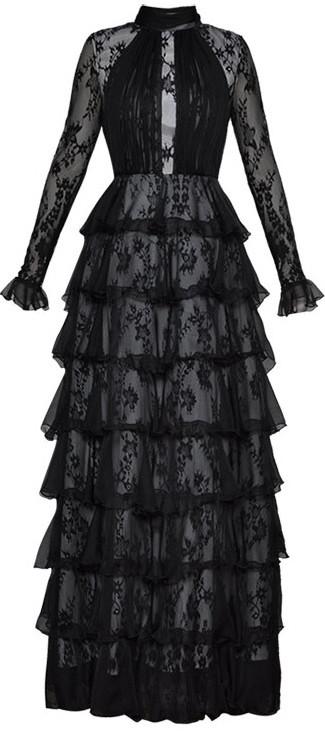 Long Black Tiered Lace Gown