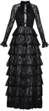 Long Black Tiered Lace Gown