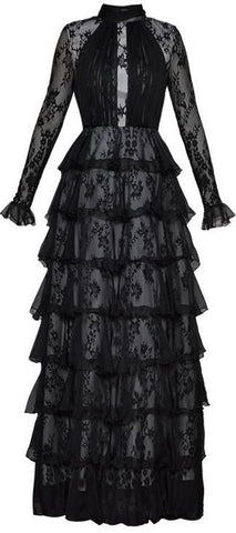 Long Black Tiered Lace Gown