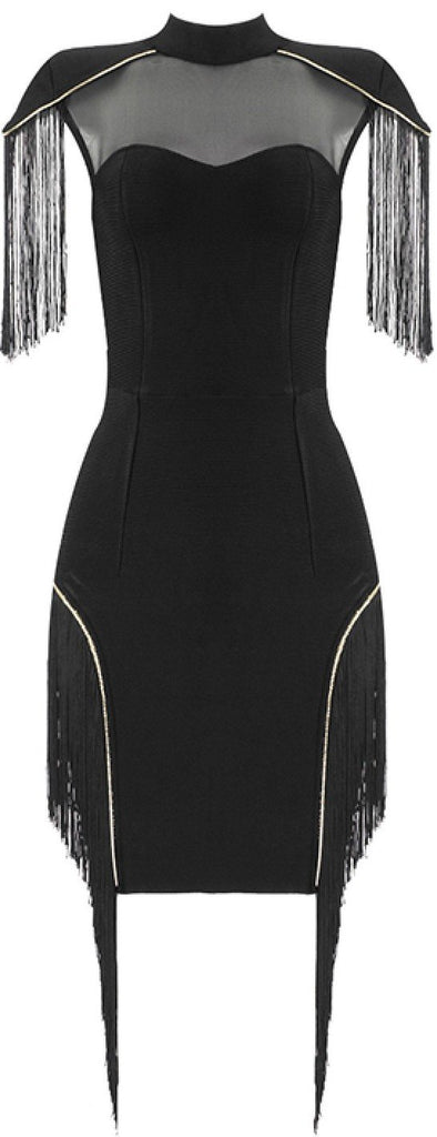 Fringed Mesh-Panel Mini Dress