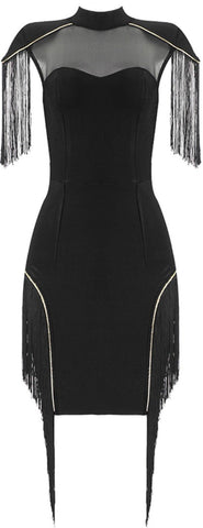 Fringed Mesh-Panel Mini Dress
