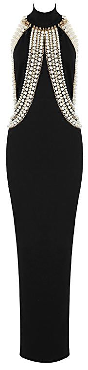High-Neck Pearl Embellished Maxi Dress, Black