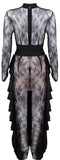 Black Ruffle Paneled Lace Maxi Dress