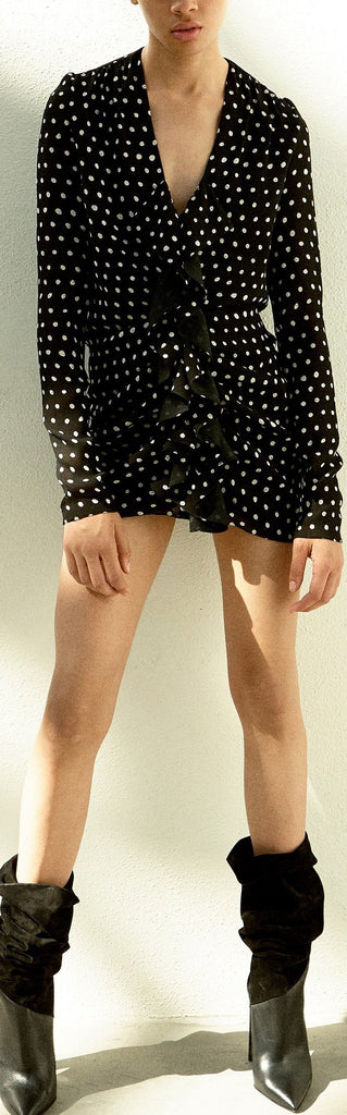 Ruffled Mini Dress In Black Crepe With White Polka Dots