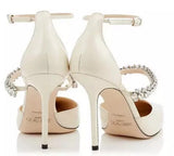 Patent Leather Pointy Toe Pumps with Crystal Strap, Linen Color