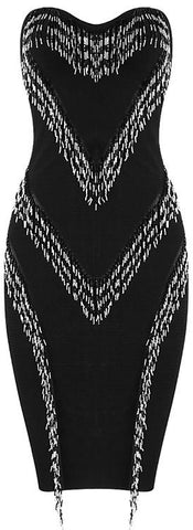Black Strapless Bead-Fringed Bandage Dress