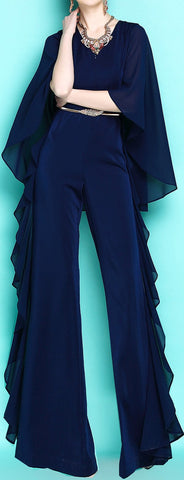 Ruffled Chiffon Cape-Back Jumpsuit