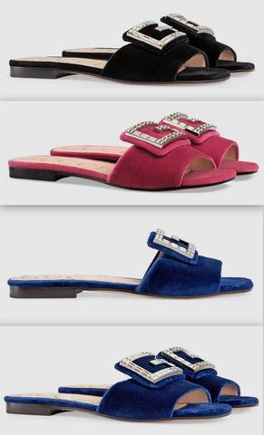 Velvet Slide with Crystal G- Black, Pink, Cobalt Blue