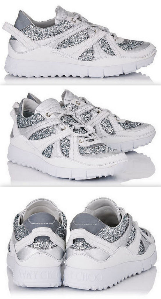 Silver Mix Coarse Glitter Fabric, Calf and Metallic Nappa Trainers