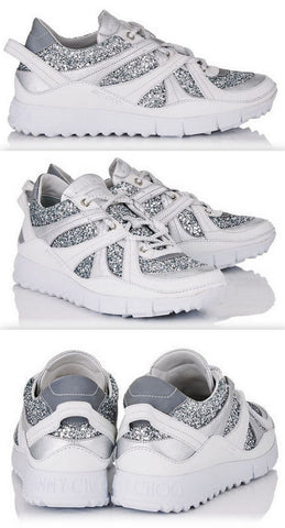Silver Mix Coarse Glitter Fabric, Calf and Metallic Nappa Trainers