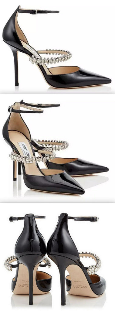 Patent Leather Pointy Toe Pumps with Crystal Strap, Black