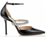 Patent Leather Pointy Toe Pumps with Crystal Strap, Black