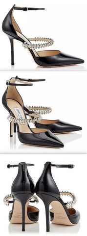 Patent Leather Pointy Toe Pumps with Crystal Strap, Black