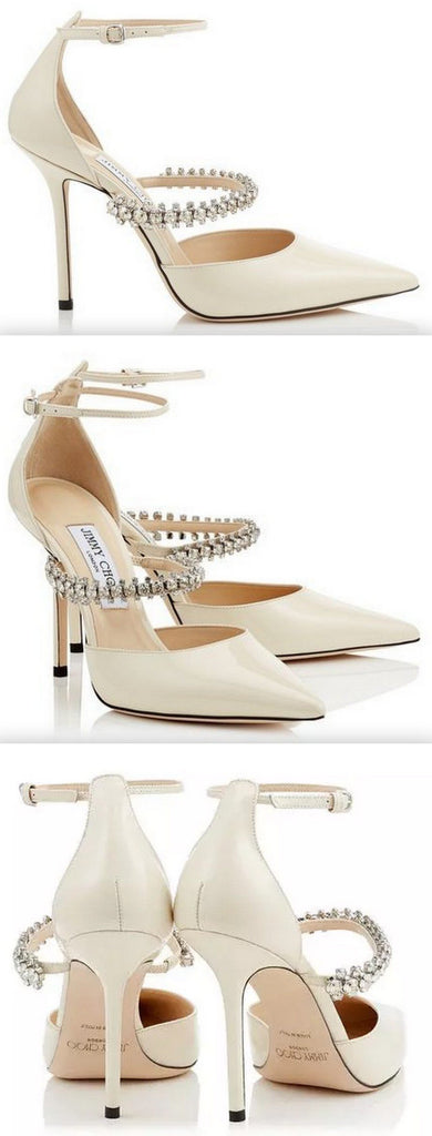 Patent Leather Pointy Toe Pumps with Crystal Strap, Linen Color