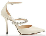 Patent Leather Pointy Toe Pumps with Crystal Strap, Linen Color