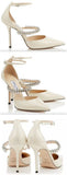 Patent Leather Pointy Toe Pumps with Crystal Strap, Linen Color