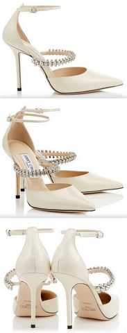 Patent Leather Pointy Toe Pumps with Crystal Strap, Linen Color