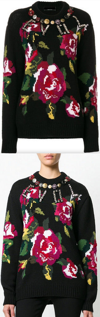 Rose Print Knitted Sweater with Embellishments