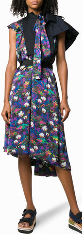Tuxedo Bib Floral-Printed Asymmetric Dress