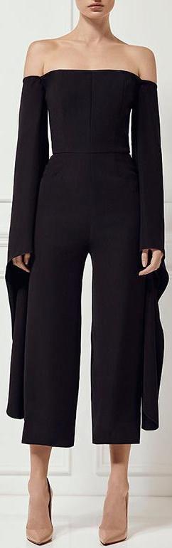 Black Off-the-Shoulder Long-Sleeve Jumpsuit