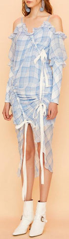 Asymmetrical Ruffle Plaid Ruched Dress