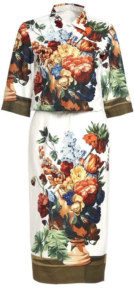 Floral & Vase Printed Half-Sleeve Shirt & Midi Skirt Set - DESIGNER INSPIRED FASHIONS