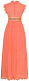 Ruffle Macrame Trim Chiffon Gown