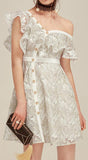 Ruffled Off-Shoulder Buttoned Lace Dress | DESIGNER INSPIRED FASHIONS