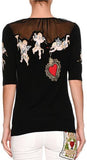 Short-Sleeve Cherub-Embroidered Top with Tulle Inset