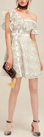 Ruffled Off-Shoulder Buttoned Lace Dress | DESIGNER INSPIRED FASHIONS