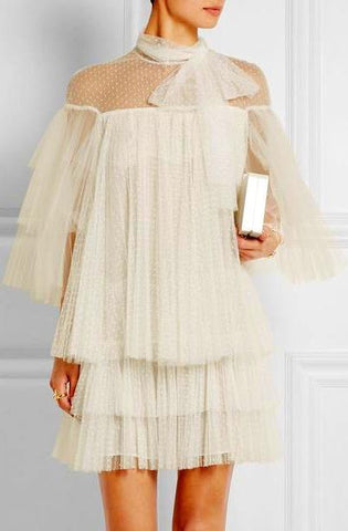 Lace & Tulle Tiered Point D'Esprit Dress in White - DESIGNER INSPIRED FASHIONS
