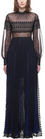 Balloon Sleeve Long Dress with Lace Panel Skirt - DESIGNER INSPIRED FASHIONS