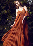 Burnt Orange Pleated Dress with Off-Shoulder Detail - DESIGNER INSPIRED FASHIONS