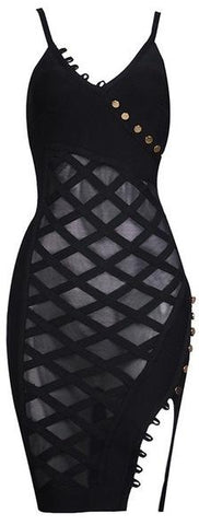 Black Caged Bandage Dress with Metal Buttons