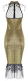 Gold Metallic Feather-Trim Dress
