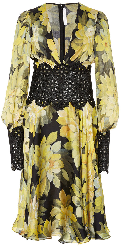 Long-Sleeve V-Sleeve Floral Print Dress - DESIGNER INSPIRED FASHIONS