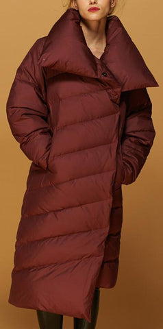Asymmetric Paneled Duck-Down Puffer Coat in Red - DESIGNER INSPIRED FASHIONS