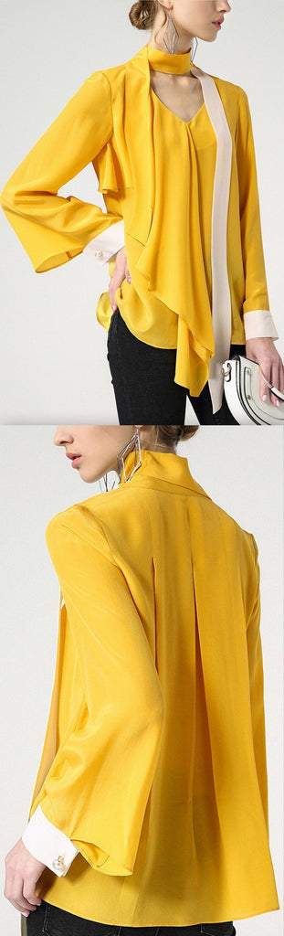 Ruffle Silk V-Neck Blouse