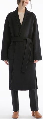 Robe-Wrap Wool Coat, Black