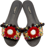 Pom Pom Embellished Leather Slides-Red - DESIGNER INSPIRED FASHIONS
